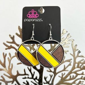 Paparazzi Geometric Dangle Earrings, Silver, Wood, Yellow and Brown, Brand New